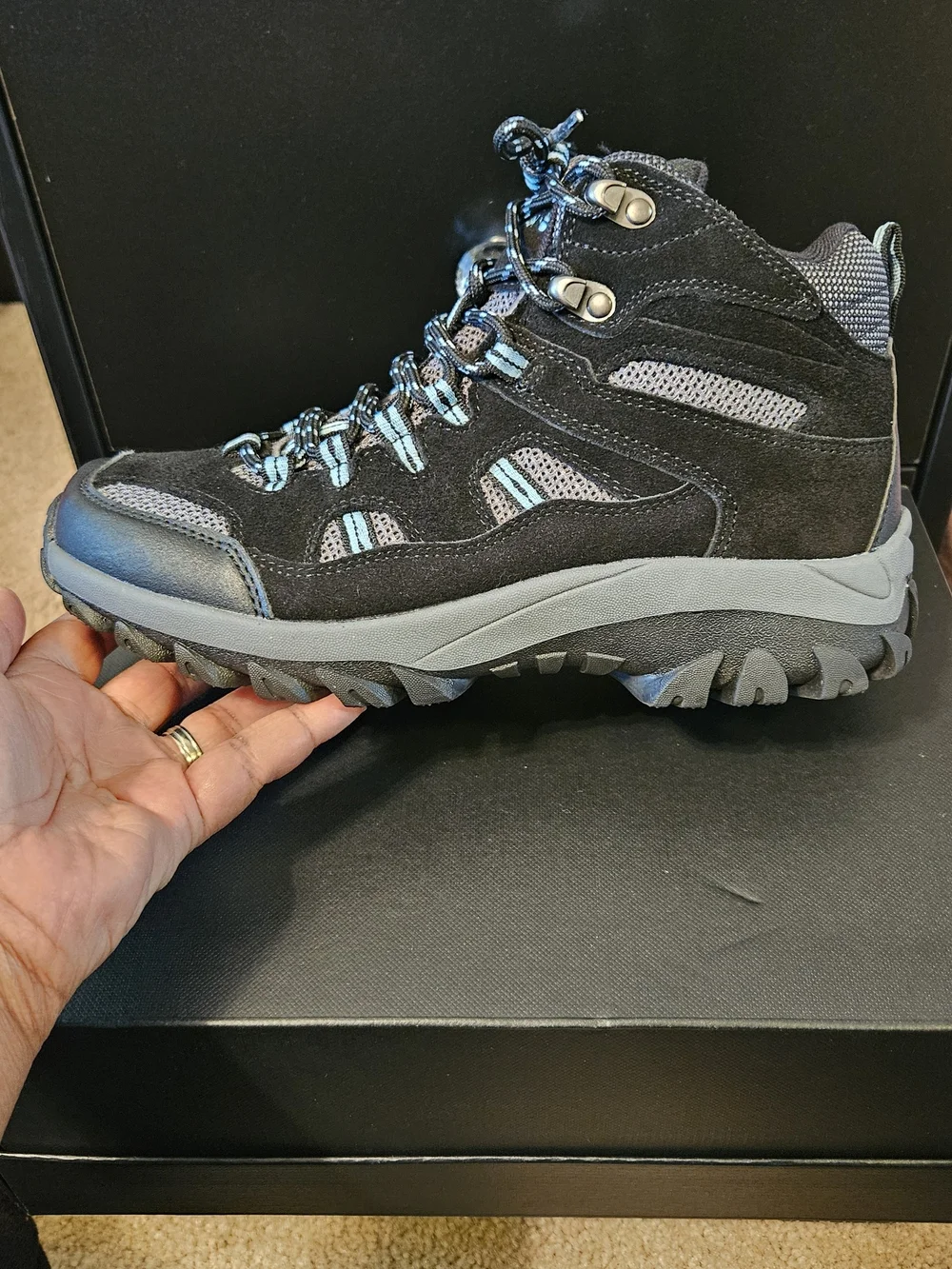 BearPaw Women's Black and Gray Hiking Mid Boot with Light Blue Accents